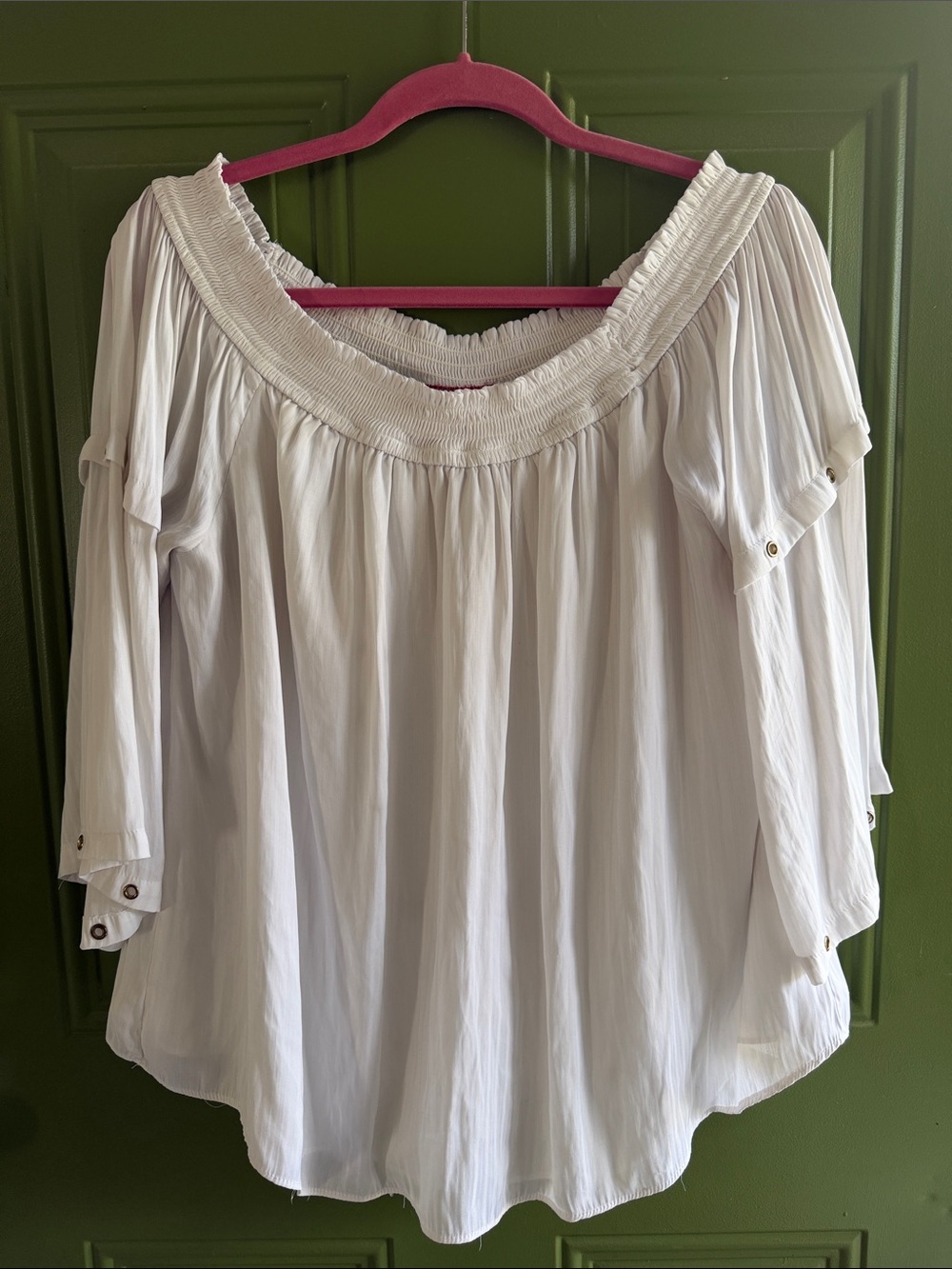 Jennifer Lopez Off-Shoulder Cream Blouse with Smocked Neckline